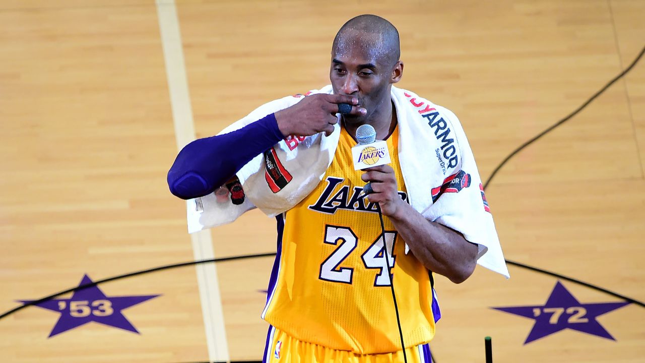 Kobe Bryant addressing fans following his final game in 2016.