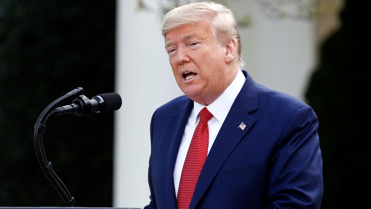 President Donald Trump speaks during a coronavirus task force briefing in the Rose Garden of the White House, Sunday, March 29, 2020, in Washington. (AP Photo/Patrick Semansky)