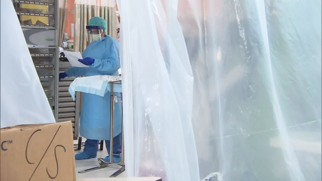 Plastic sheets separate an area of the hospital being used to treat coronavirus patients.
