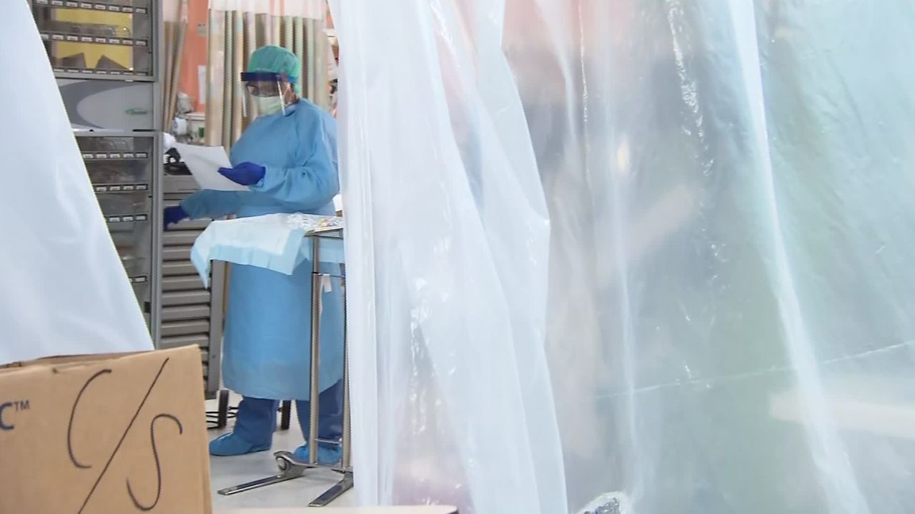 Plastic sheets separate an area of the hospital being used to treat coronavirus patients. 