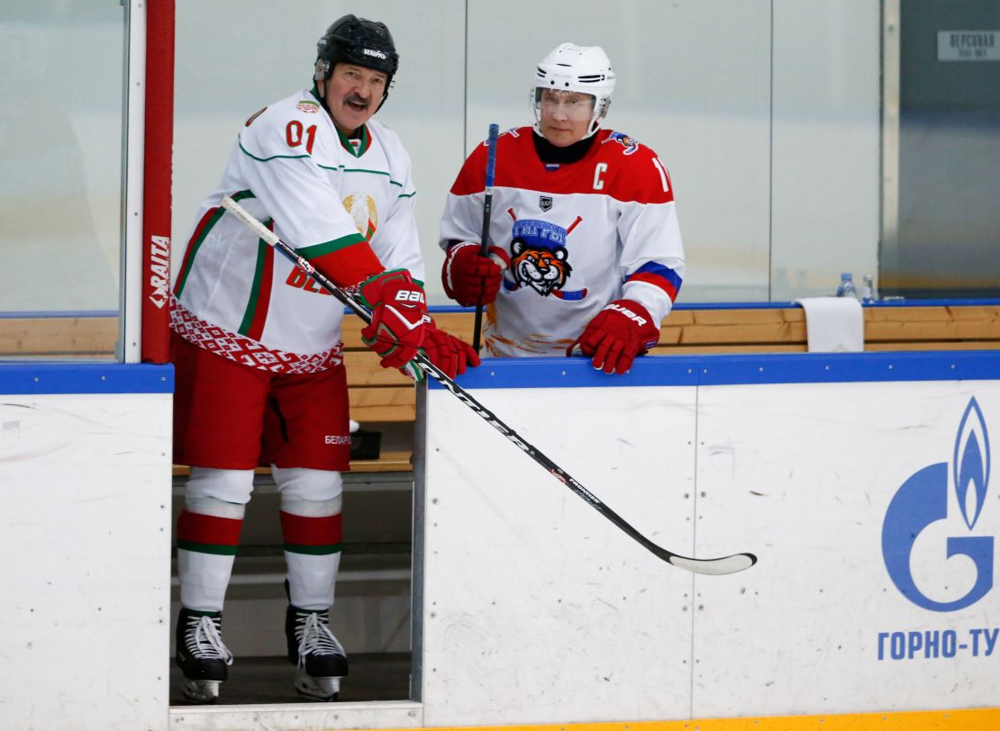 Belarusian President Alexander Lukashenko plays in an ice hockey match with Russian President Vladimir Putin in February.