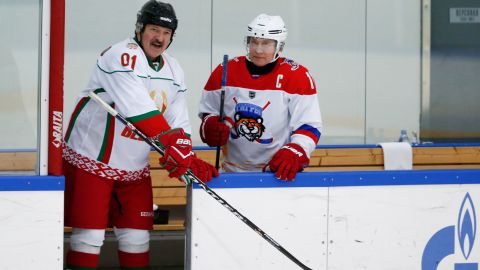 Belarusian President Alexander Lukashenko plays in an ice hockey match with Russian President Vladimir Putin in February.