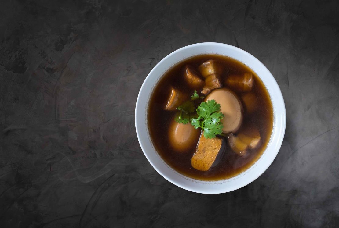 Kao palo is a five-spice soup featuring hard boiled eggs.