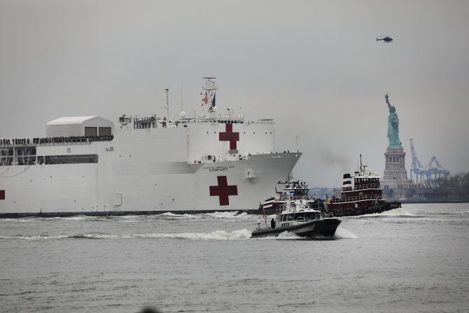 The USNS Comfort, a Navy hospital ship, reaches New York City on March 30, 2020. Another hospital ship was in Los Angeles to<a href="https://www.cnn.com/2020/03/27/us/california-hospital-ship-trnd/index.html" target="_blank"> take some of the pressure off medical facilities</a> that were strained because of the pandemic.