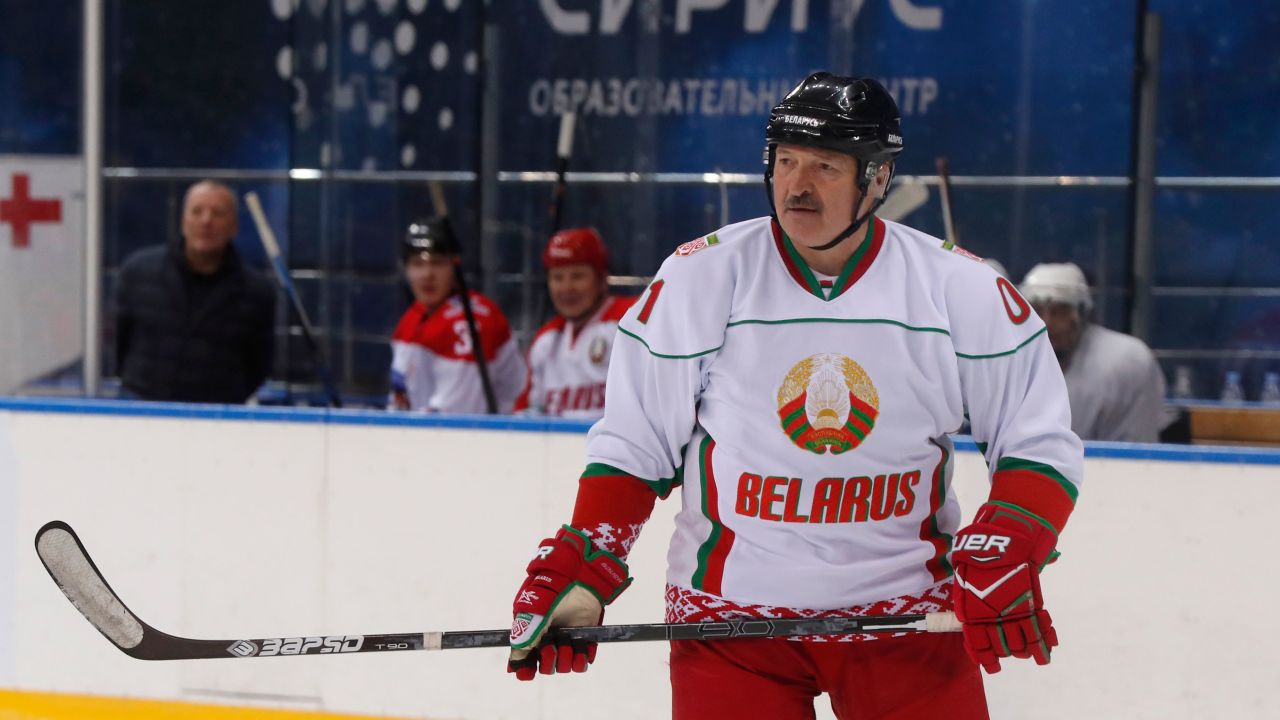 Belarus President Alexander Lukashenko takes part in an ice hockey match at Shayba Arena in the Black sea resort of Sochi, Russia, on February 15, 2019. (Photo by Sergei CHIRIKOV / POOL / AFP)        (Photo credit should read SERGEI CHIRIKOV/AFP via Getty Images)