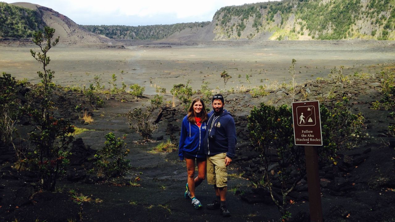 <strong>Burning love: </strong>Senior Editor Stacey Lastoe and her husband Steve Lastoe pose in Hawaii's Volcanoes National Park in 2014.