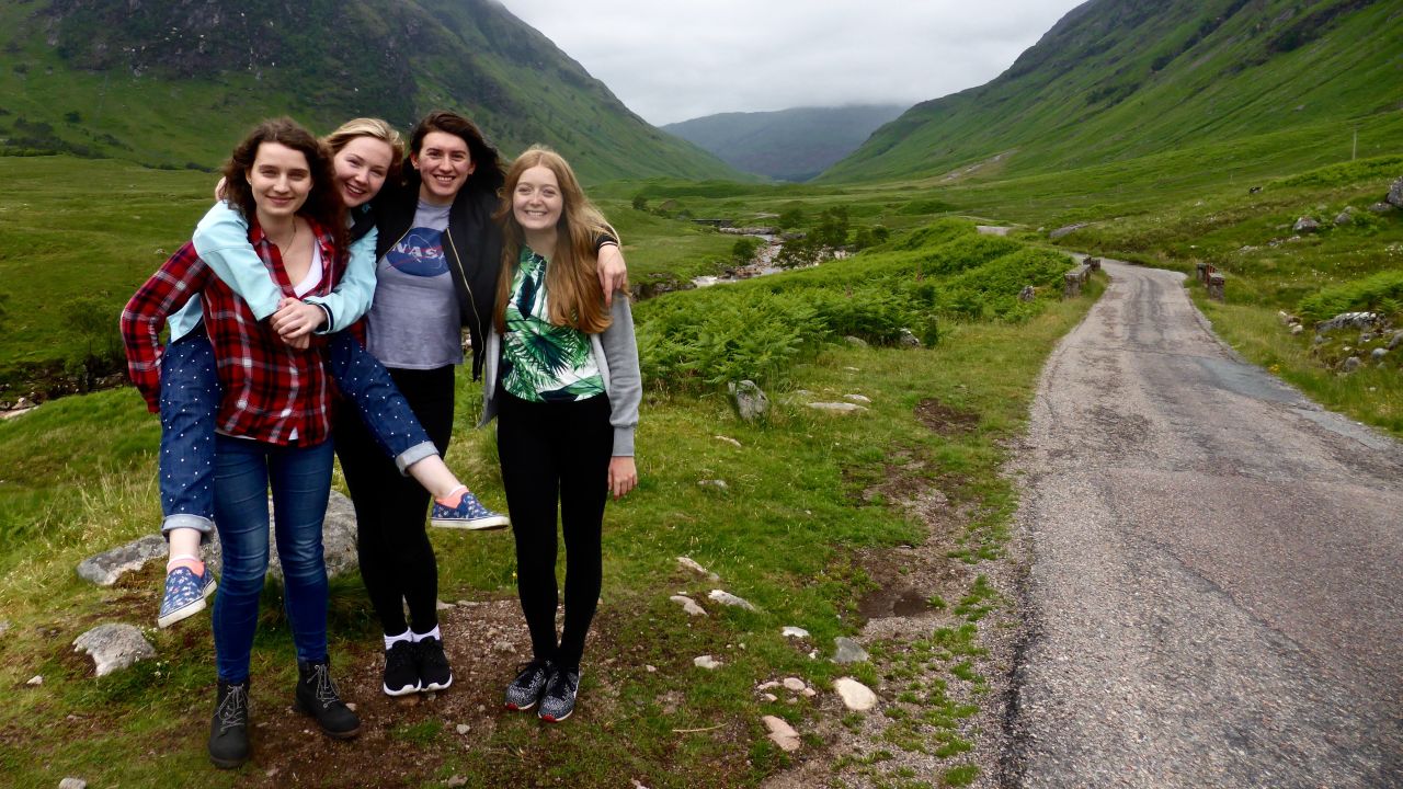<strong>Bond girls: </strong>Writer Francesca Street (right) and her close-knit group of friends in June 2016 visited Scotland's Glen Etive, made famous in the James Bond movie "Skyfall."