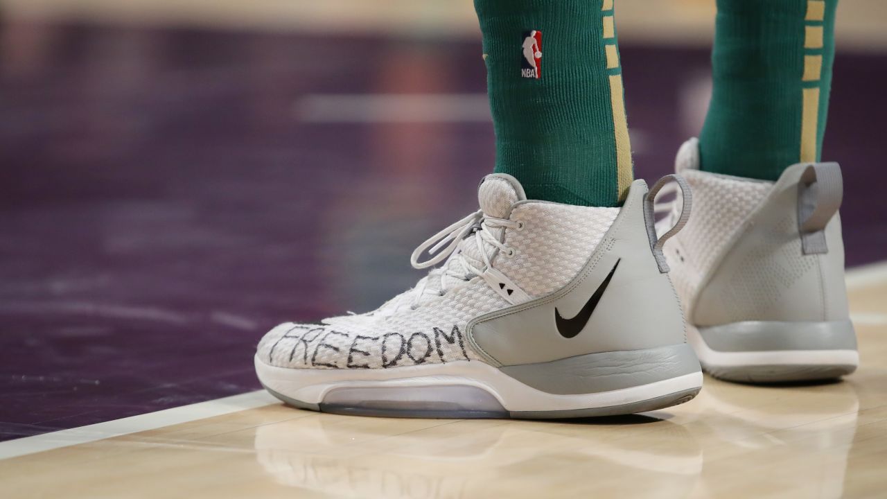 Kanter takes the court with the word "freedom" written on his shoes during the Boston Celtics away game against the Los Angeles Lakers on February 23.