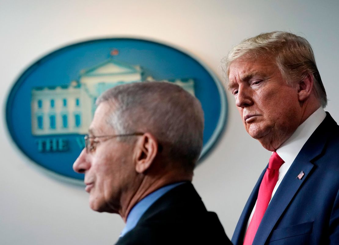 President Trump listens to Dr. Anthony Fauci speak during a briefing on the coronavirus pandemic at the White House on March 24.
