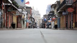 NEW ORLEANS, LA - MARCH 27: A view of empty Bourbon street in the French Quarter amid the coronavirus (COVID-19) pandemic on March 27, 2020 in New Orleans, Louisiana.  Orleans Parish has reported at least 1,170 cases, and recorded 57 deaths from the coronavirus.  (Photo by Chris Graythen/Getty Images)