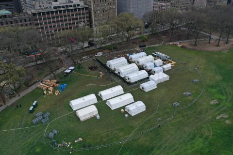 An emergency field hospital is constructed in New York's Central Park on March 30, 2020.