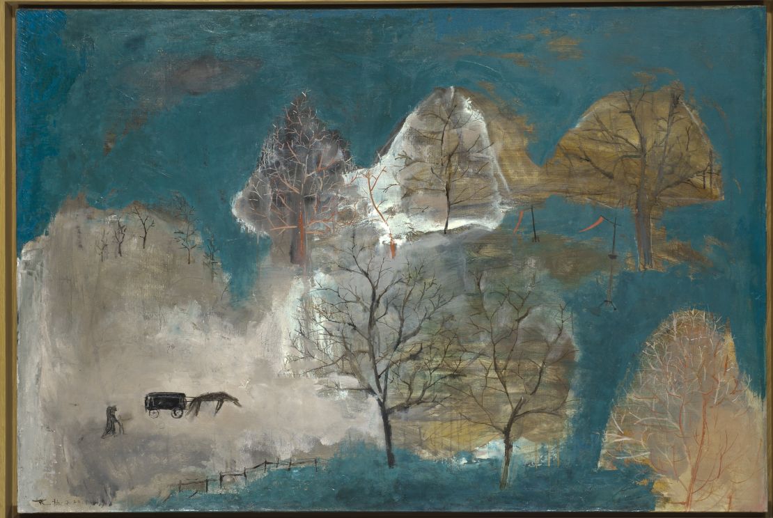 According to gallery organizers, 1949's "Sans titre (Funérailles)" depicts the funeral of a child lost by Zao Wou-Ki while still living in China.