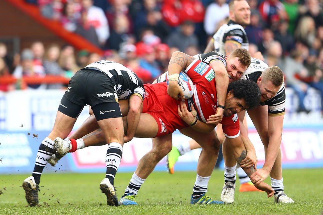 Hull KR's Mose Masoe is brought down during a game in 2018.