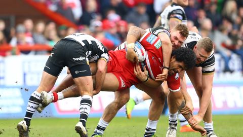 Hull KR's Mose Masoe is brought down during a game in 2018.