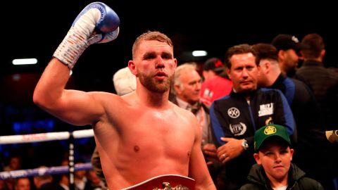 Billy Joe Saunders celebrates his win over Shefat Isufi to win the vacant WBO super-middleweight title.