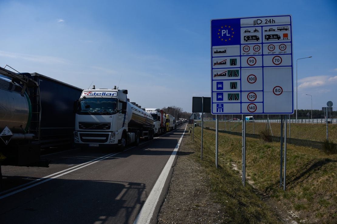 Trucks wait to be processed at the Polish-Ukrainian border.