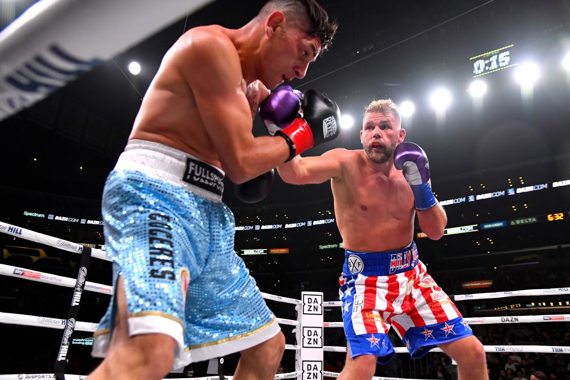 Saunders punches Marceleo Coceres during their WBO world super-middleweight fight at Staples Center in 2019.