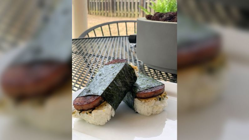 <a  target="_blank" target="_blank">Veronica Jones</a> was inspired by a recent trip to Hawaii when she and her husband, Nate, made Spam musubi. The snack puts a slice of grilled Spam on a block of rice. "All of our most recent recipes have been inspired by our travels, and we have been more patient with cook times," she said. "This has allowed us to expand our culinary skills since we are at home more."