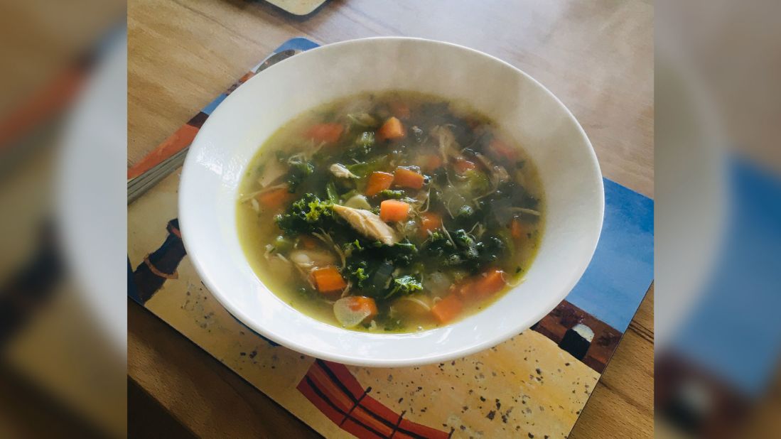 "I think all our food should be packed with flavor right now," said Kathy Godley, who lives in County Wicklow in Ireland. "It's important to return to our senses as a way to minimize stress. Flavors, smells and textures all offer comfort and bring us back to both happier times." She calls this isolation soup. "It's a soup I made with the leftovers of my 10-hour chicken, sofrito, kale, stock, herbs, garlic and butter beans."