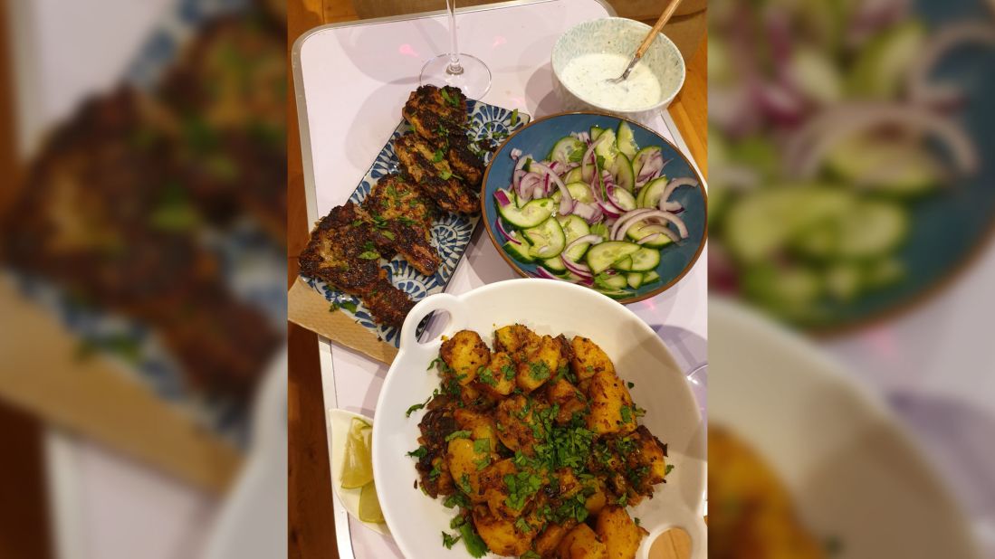 <a href="https://www.instagram.com/wfhfood/" target="_blank" target="_blank">Kallia Lamaris</a> cooked spicy lamb chops with Bombay potatoes and a simple salad. "Living in London, we're so used to being able to satisfy every craving, particularly with the array of restaurants and grocers nearby. We're especially spoilt when it comes to local Indian cuisine," she said.
