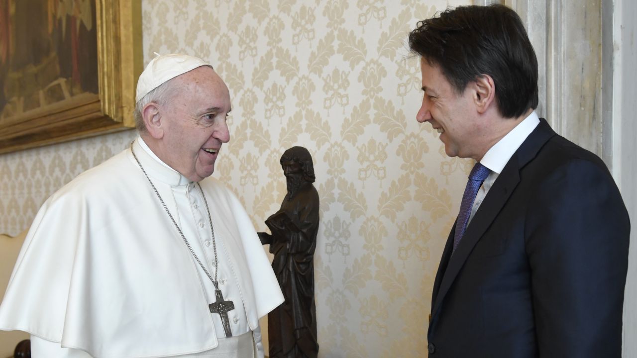 Pope Francis meets with Italian Prime Minister Giuseppe Conte at the Vatican on Monday.