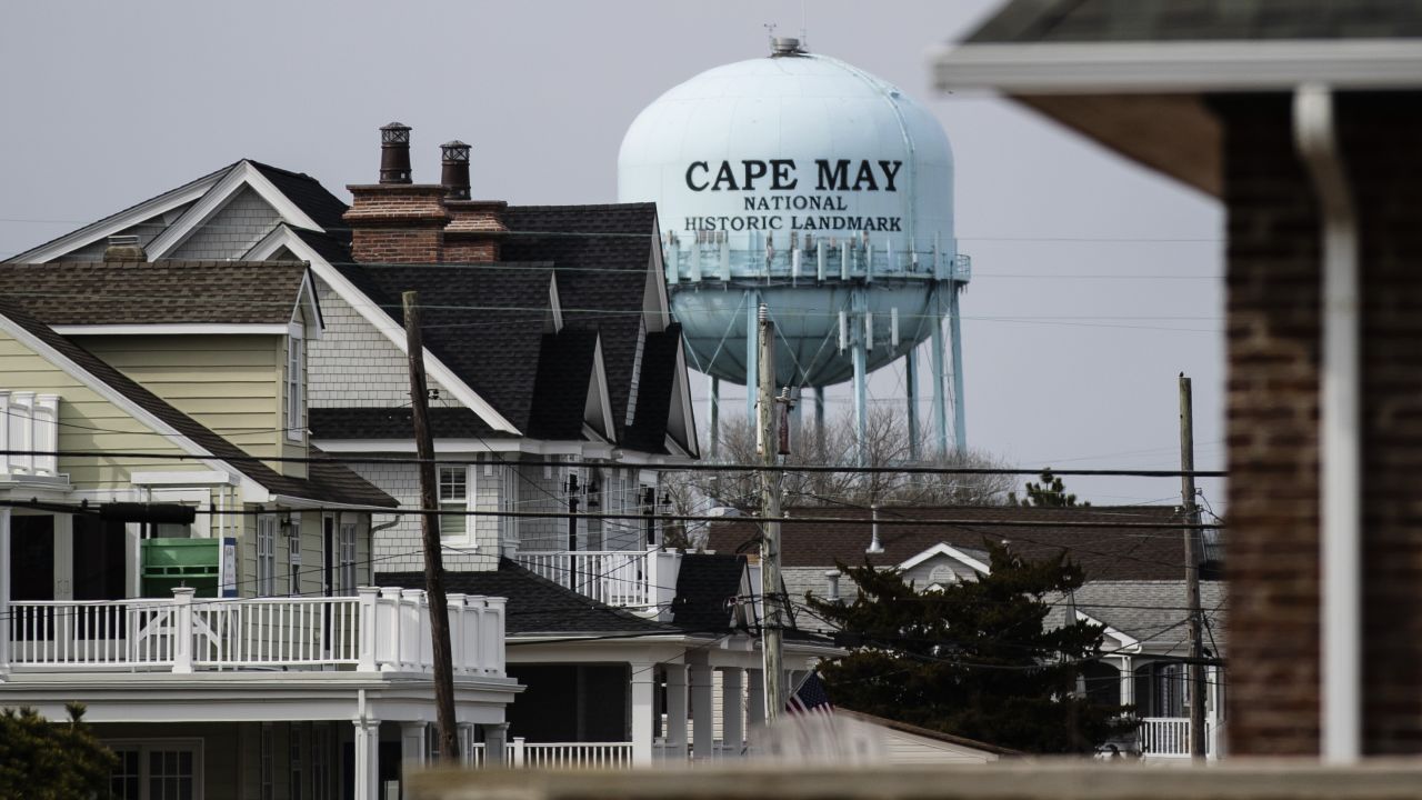 A water tower stands beyond residences in Cape May, New Jersey. 