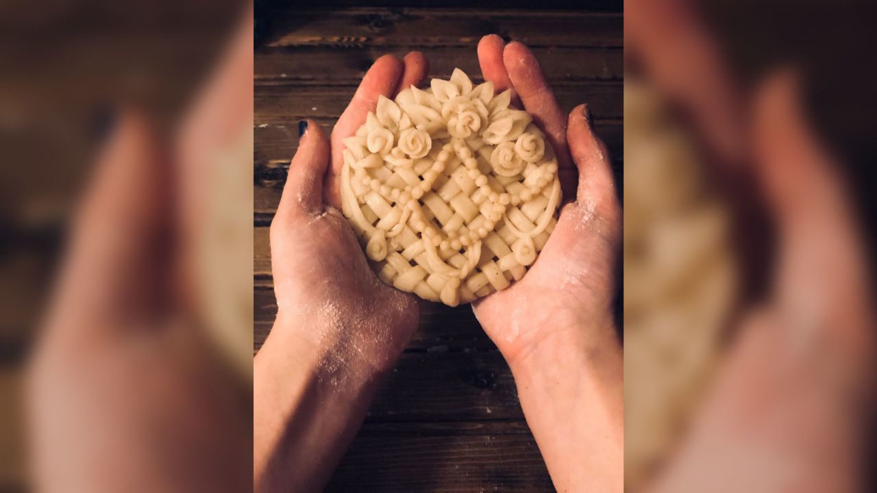 Chelsea Sams baked this miniature apple pie in Chicago. "I love putting small details into the things I make, like the lattice, tiny roses and pearls that are on this pie," she said. "Baking has become a creative outlet for me. Working with the dough is calming and sort of meditative, which is amazing amid all the chaos."