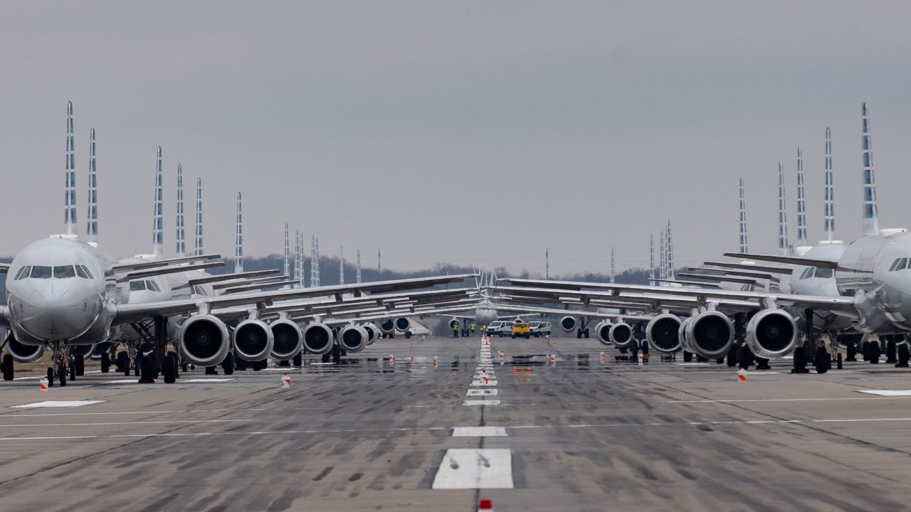 Grounded American Airline jets in Pittsburgh. The US airline industry has grounded hundreds of jets due to the huge drop in demand for air travel.