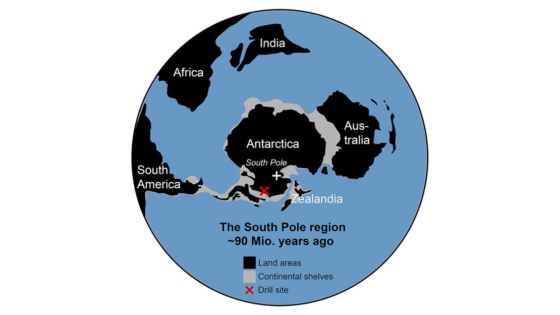 This map shows how the continents were arranged 90 million years ago. A red X marks the drill site.