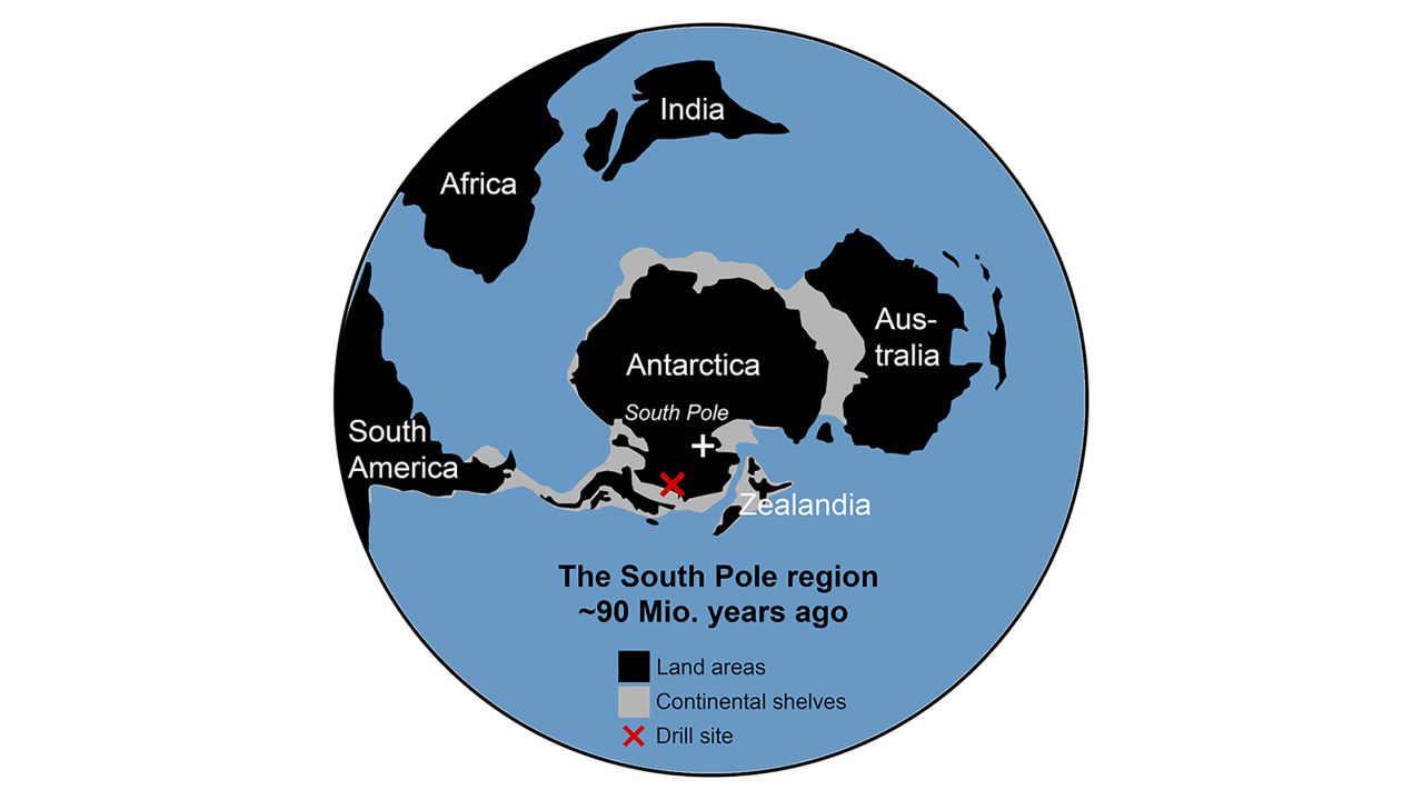 This map shows how the continents were arranged 90 million years ago. A red X marks the drill site. 