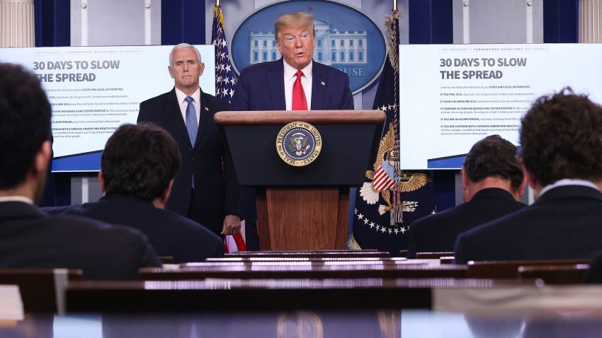 WASHINGTON, DC - MARCH 31: U.S. President Donald Trump speaks while flanked by Vice President Mike Pence (L) during the daily coronavirus task force briefing in the Brady Briefing room at the White House on March 31, 2020 in Washington, DC. With the nationwide death toll rising due to the coronavirus, the United States has extended its social distancing practices through the end of April, while many states have issued stay-at-home orders that strongly discourage residents from leaving home unless absolutely necessary or essential. (Photo by Win McNamee/Getty Images)