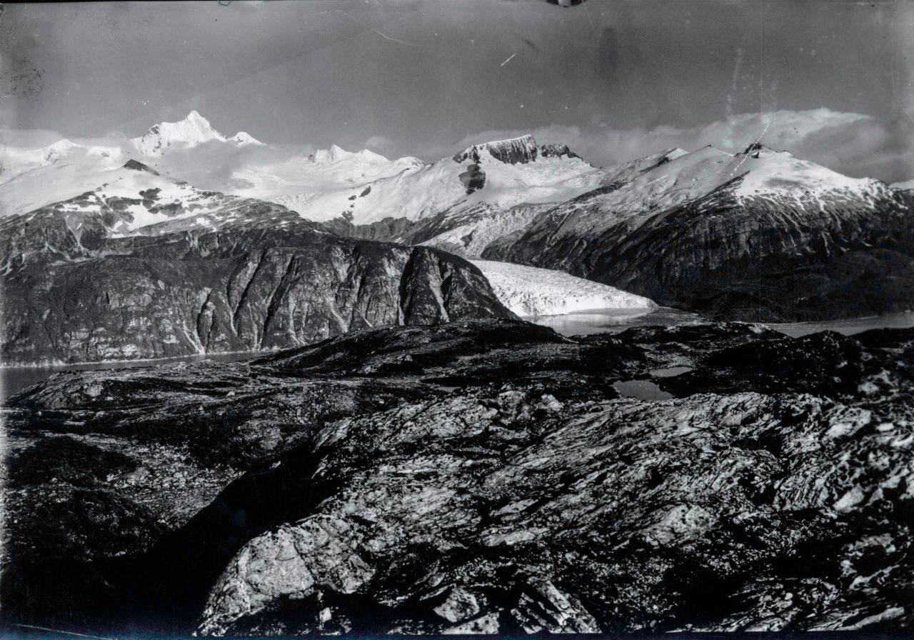 This panoramic landscape taken in 1914 by de Agostini shows the Reina Isabel II glacier in Tierra del Fuego. Agostini spent years documenting previously unexplored parts of Patagonia. 