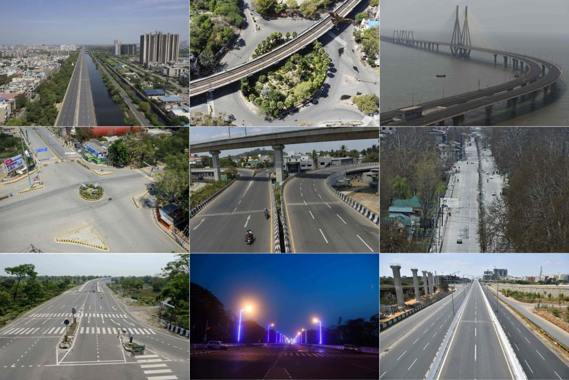 These pictures taken on March 25 show deserted streets across India. The top row, from left to right, shows Ghaziabad, New Delhi, Mumbai. The middle row, left to right, is Allahabad, Chennai, Kashmir. The bottom row, left to right, depicts Siliguri, Kolkata, and Bangalore.