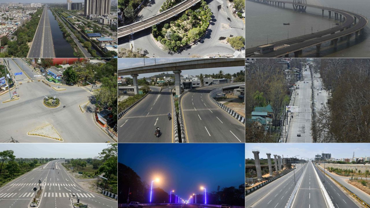 These pictures taken on March 25  show deserted streets across India. The top row, from left to right, shows Ghaziabad, New Delhi, Mumbai. The middle row, left to right, is Allahabad, Chennai, Kashmir. The bottom row, left to right, depicts Siliguri, Kolkata, and Bangalore.