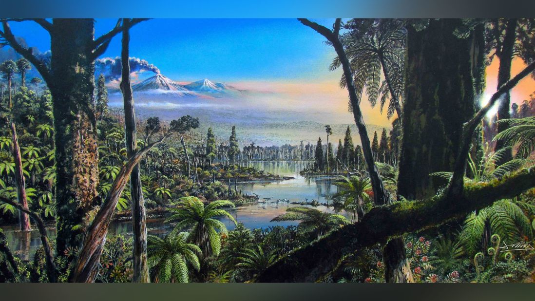 This painting shows what Antarctica may have looked like 90 million years ago. It had a temperate swampy rainforest.                