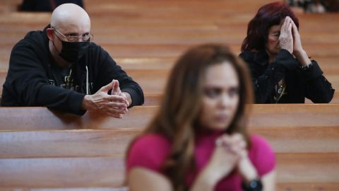 A worshipper wears a face mask to protect against the coronavirus at the Cathedral of Our Lady of the Angels on Ash Wednesday on February 26, 2020 in Los Angeles.