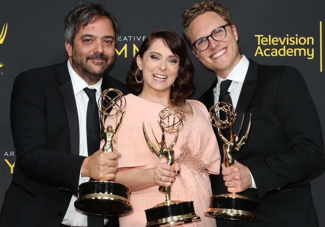 Adam Schlesinger, Rachel Bloom and Jack Dolgen pose for photos in the press room for the 2019 Creative Arts Emmy Awards in September. (Photo by Paul Archuleta/FilmMagic)