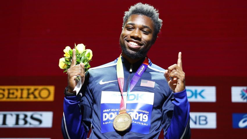 DOHA, QATAR - OCTOBER 02: Gold medalist Noah Lyles of the United States stands on the podium during the medal ceremony for the Men's 200 metres final during day six of 17th IAAF World Athletics Championships Doha 2019 at Khalifa International Stadium on October 02, 2019 in Doha, Qatar. (Photo by Michael Steele/Getty Images)
