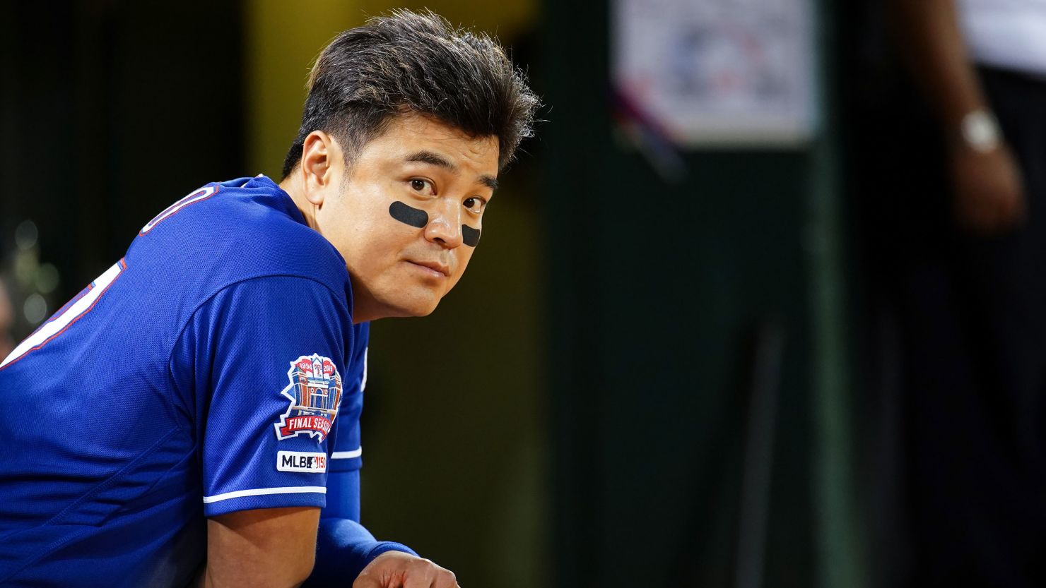 Shin-Soo Choo of the Texas Rangers looks on from the dugout during the eighth inning against the Oakland Athletics on September 20, 2019 in Oakland, California.