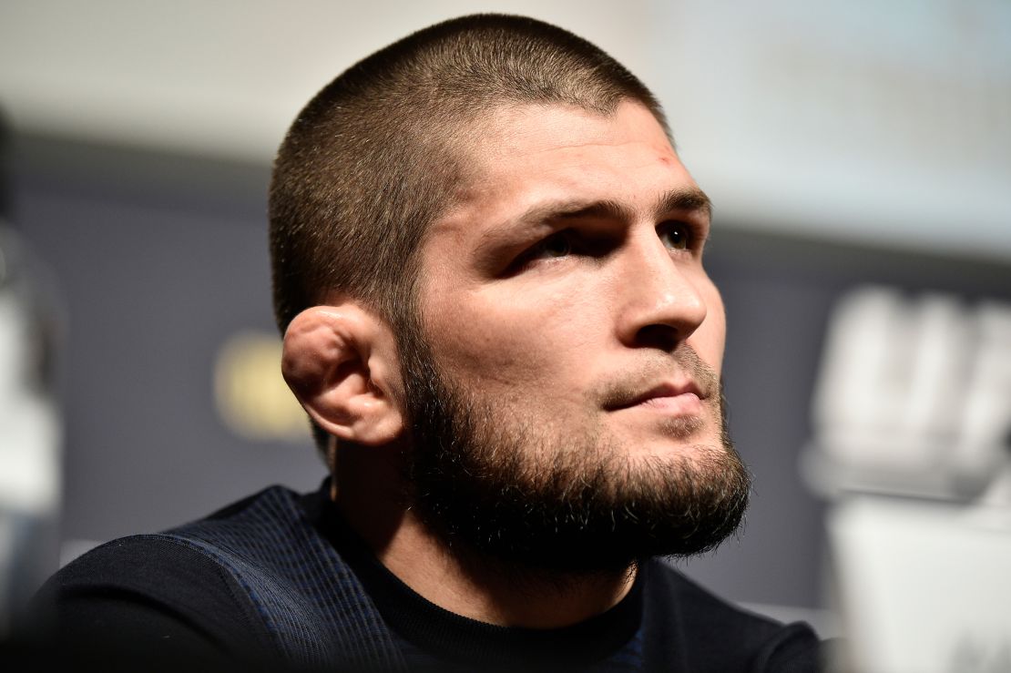 Nurmagomedov interacts with media during the UFC 249 press conference.