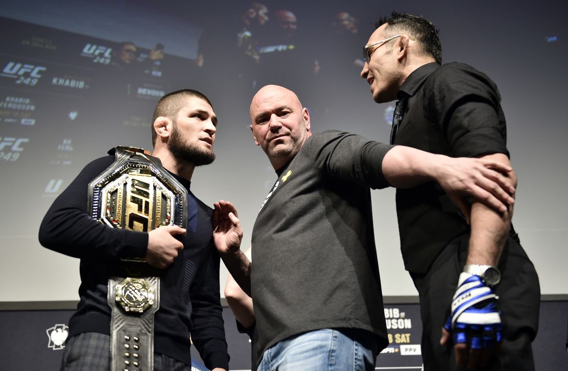 Nurmagomedov and Ferguson face off during the UFC 249 press conference.