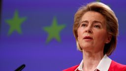 European Commission President Ursula von der Leyen gives a press conference on EU efforts to limit economic impact of the coronavirus disease (COVID-19) outbreak, in Brussels, on April 2, 2020. (Photo by Francois Lenoir/POOL/AFP/Getty Images)