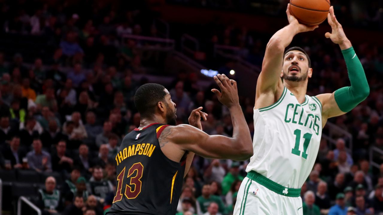 Kanter (R) of the Boston Celtics shoots over Tristan Thompson of the Cleveland Cavaliers during the first half of a home game at TD Garden on December 9.