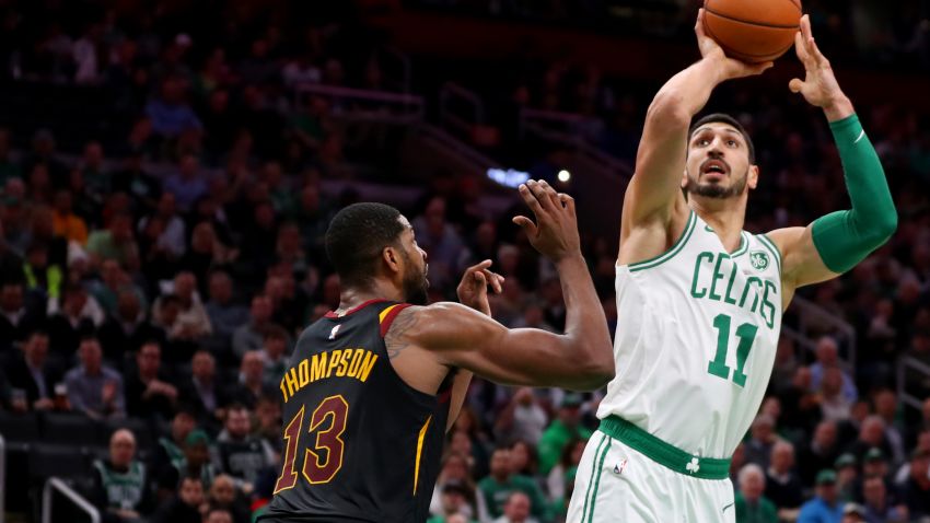 BOSTON, MASSACHUSETTS - DECEMBER 09: Enes Kanter #11 of the Boston Celtics takes a shot over Tristan Thompson #13 of the Cleveland Cavaliers during the first half at TD Garden on December 09, 2019 in Boston, Massachusetts. (Photo by Maddie Meyer/Getty Images)