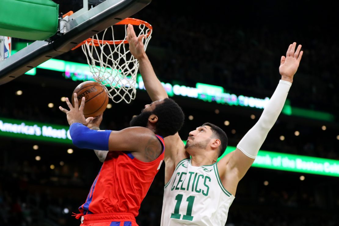 Kanter (R) of the Boston Celtics defends a shot from Andre Drummond of the Detroit Pistons  at TD Garden on December 20 in Boston, Massachusetts. 