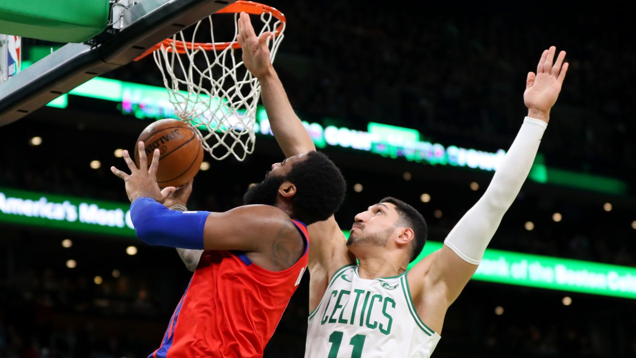 Kanter (R) of the Boston Celtics defends a shot from Andre Drummond of the Detroit Pistons at TD Garden on December 20 in Boston, Massachusetts.