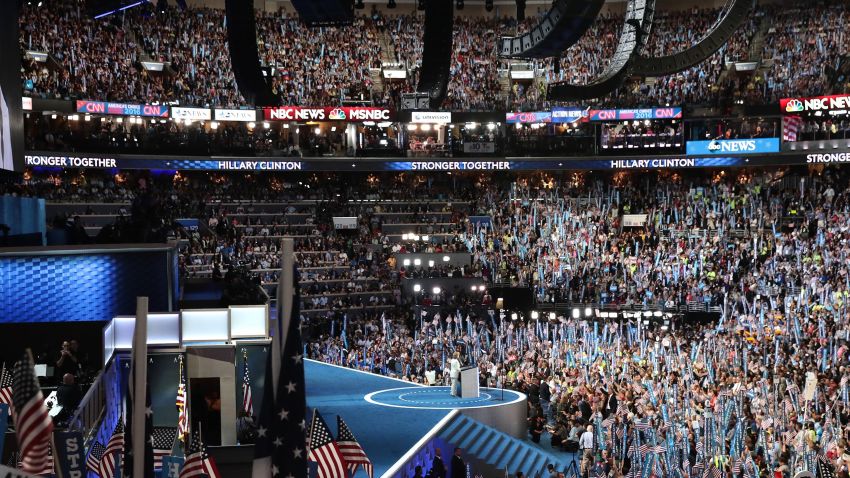Democratic presidential candidate Hillary Clinton acknowledges the crowd at the end on the fourth day of the Democratic National Convention at the Wells Fargo Center, July 28, 2016 in Philadelphia, Pennsylvania.