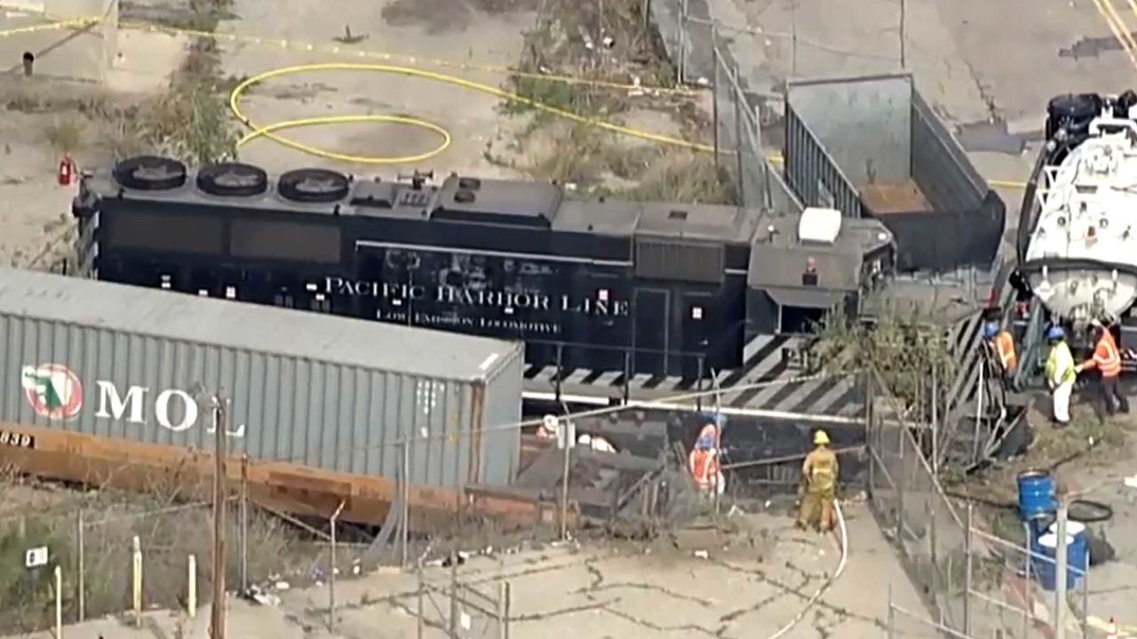 This aerial image taken from video provided by KABC-TV shows a Pacific Harbor Line train that derailed Tuesday, March 31, 2020, at the Port of Los Angeles.