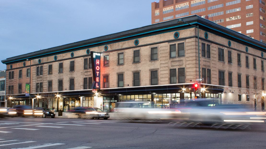 The exterior of 11th Avenue Hostel at dusk.