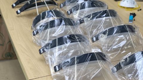 Face shields made by Katz and Collins ready to be donated to health care workers.